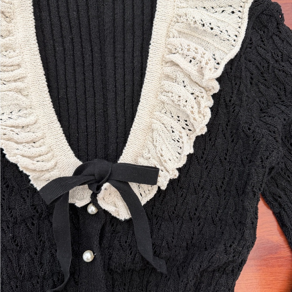 Zara Black Cardigan with white Ruffle Trim - Picture 4 of 7